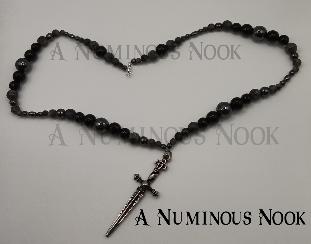 Labradorite, Black onyx and hematite sword necklace