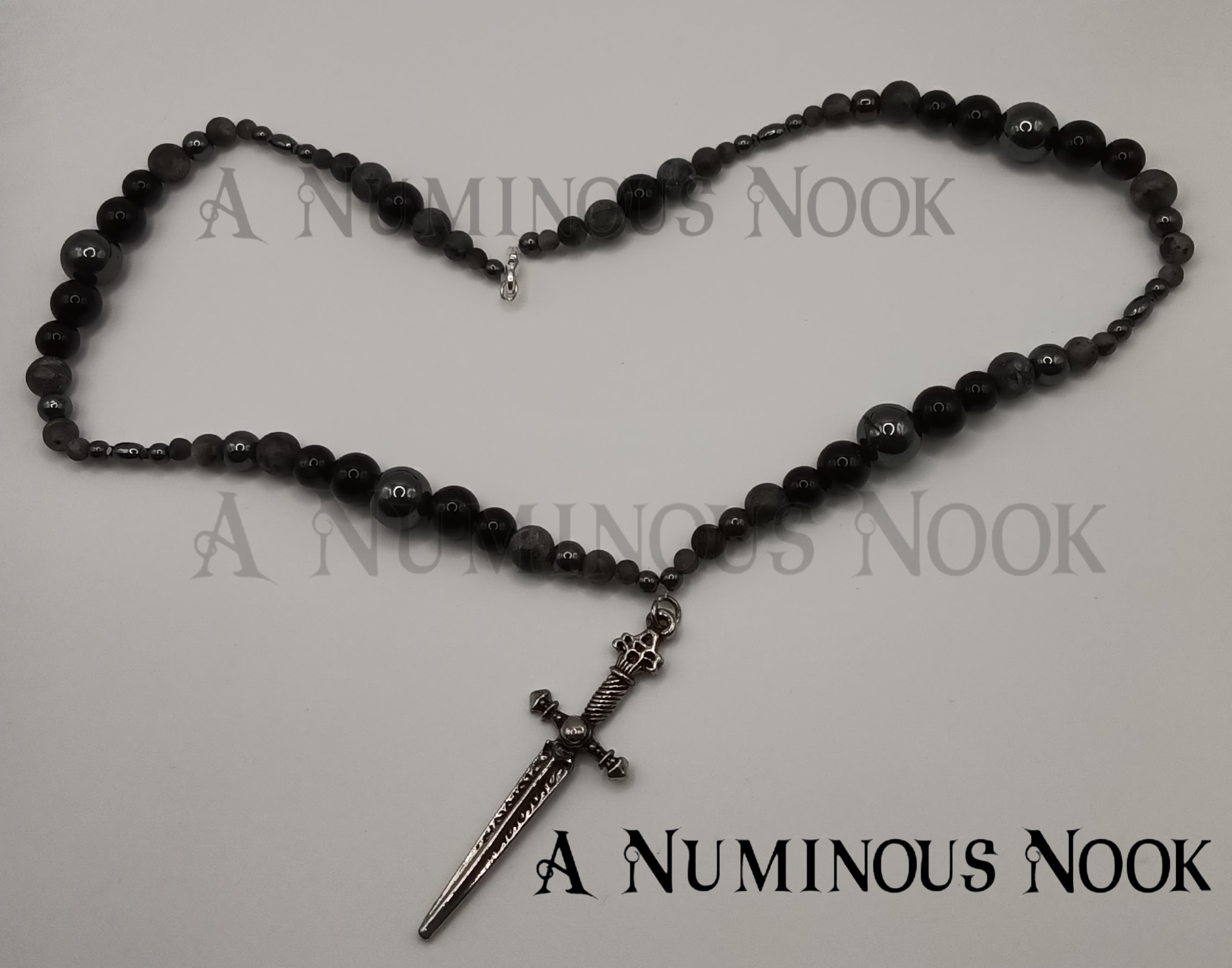 Labradorite, Black onyx and hematite sword necklace