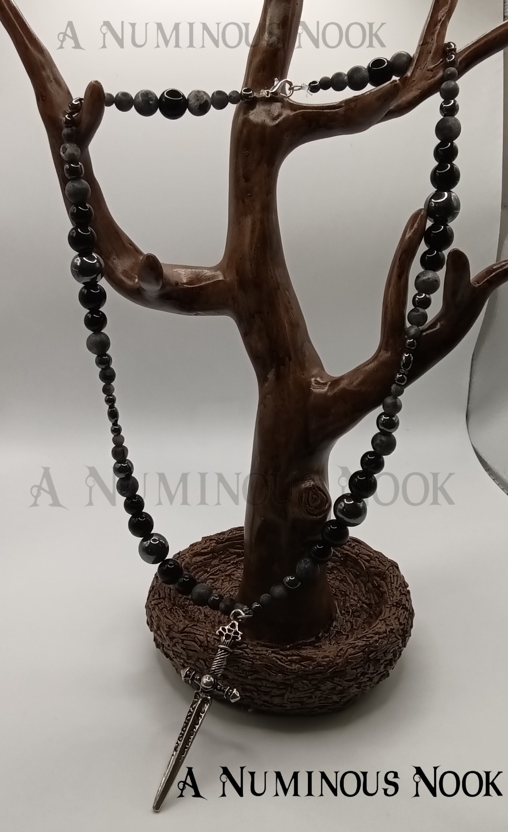 Labradorite, Black onyx and hematite sword necklace