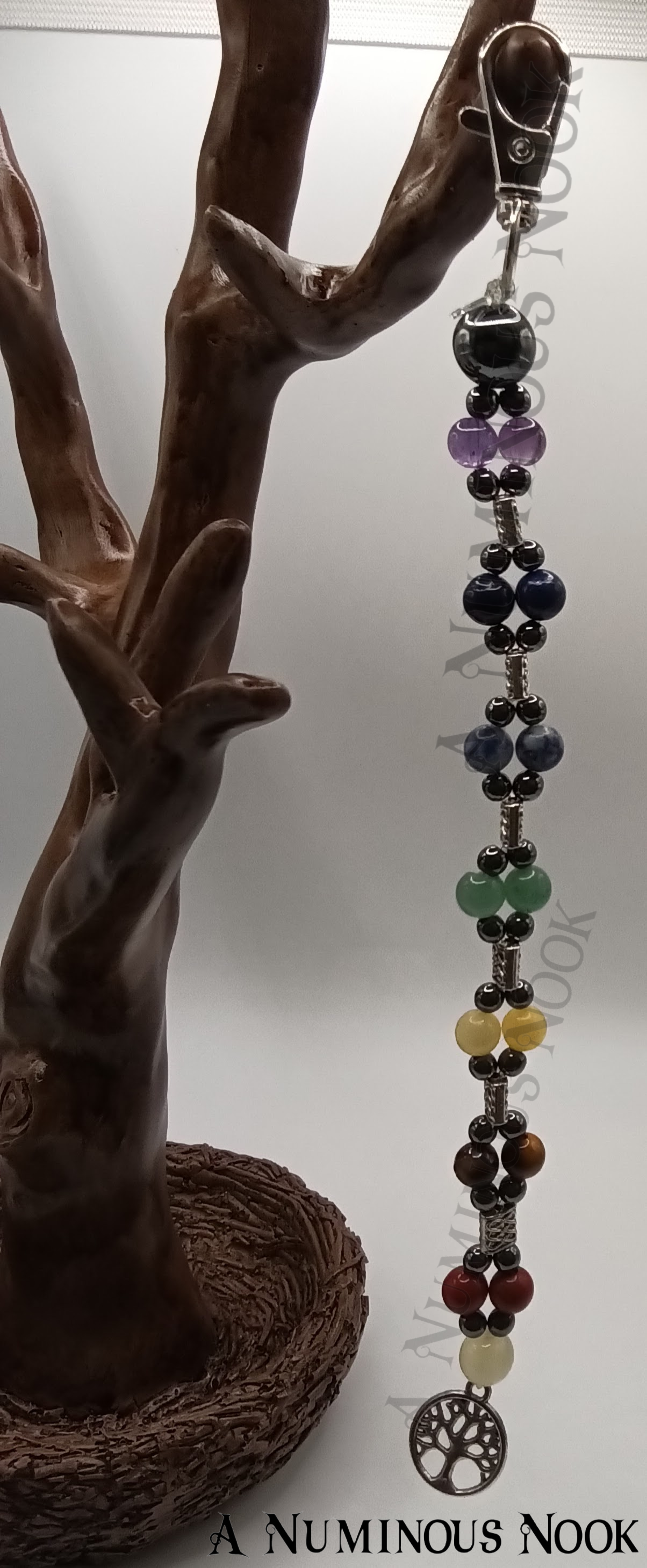 Tree charm with real gemstone beads chakra clip