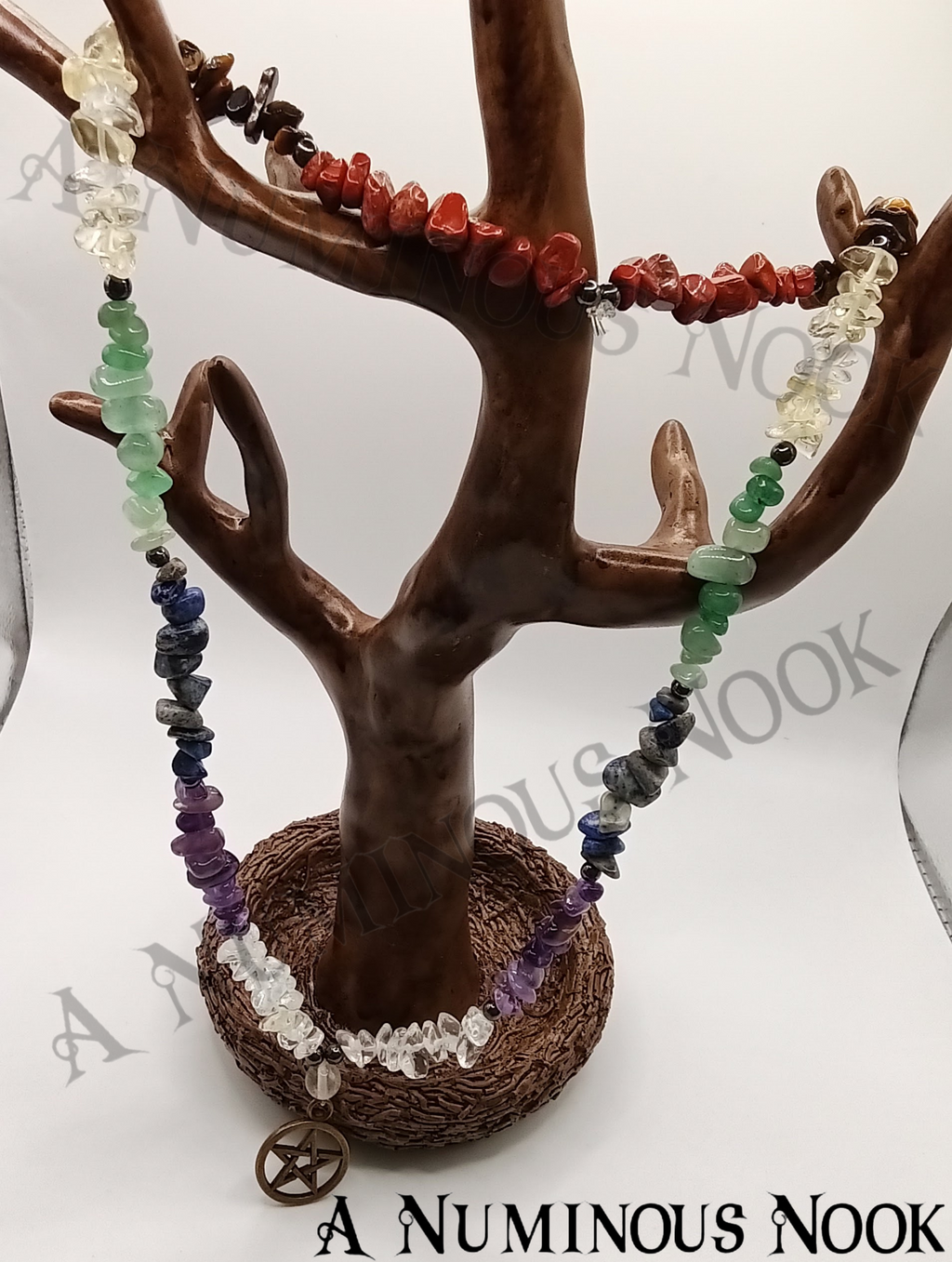 Pentagram char with chakra gemstone chips necklace