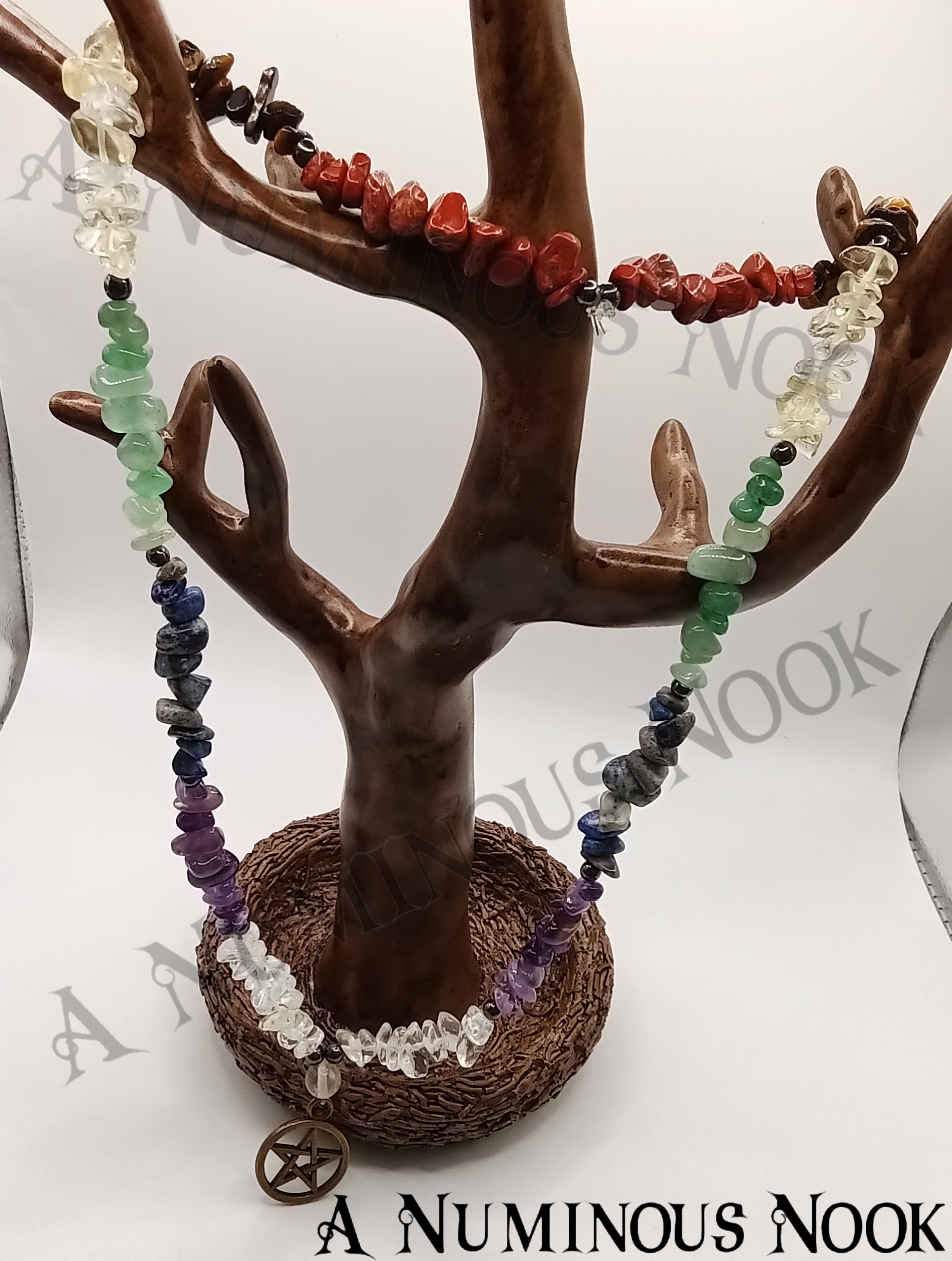 Pentagram char with chakra gemstone chips necklace