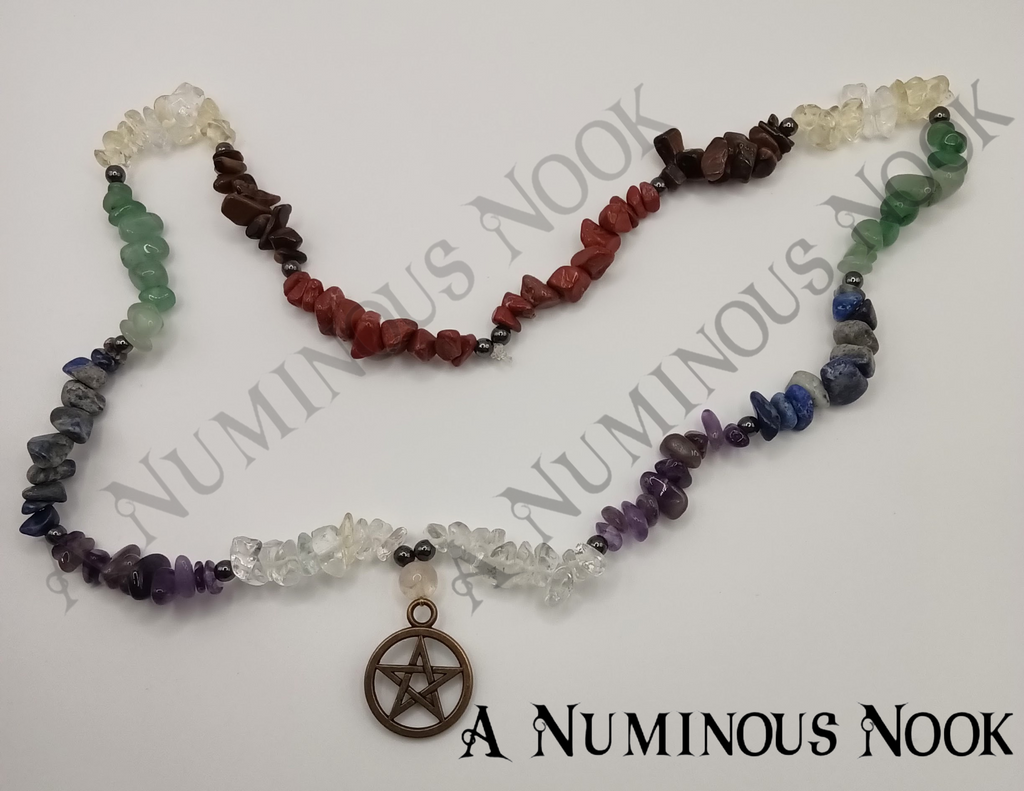 Pentagram char with chakra gemstone chips necklace