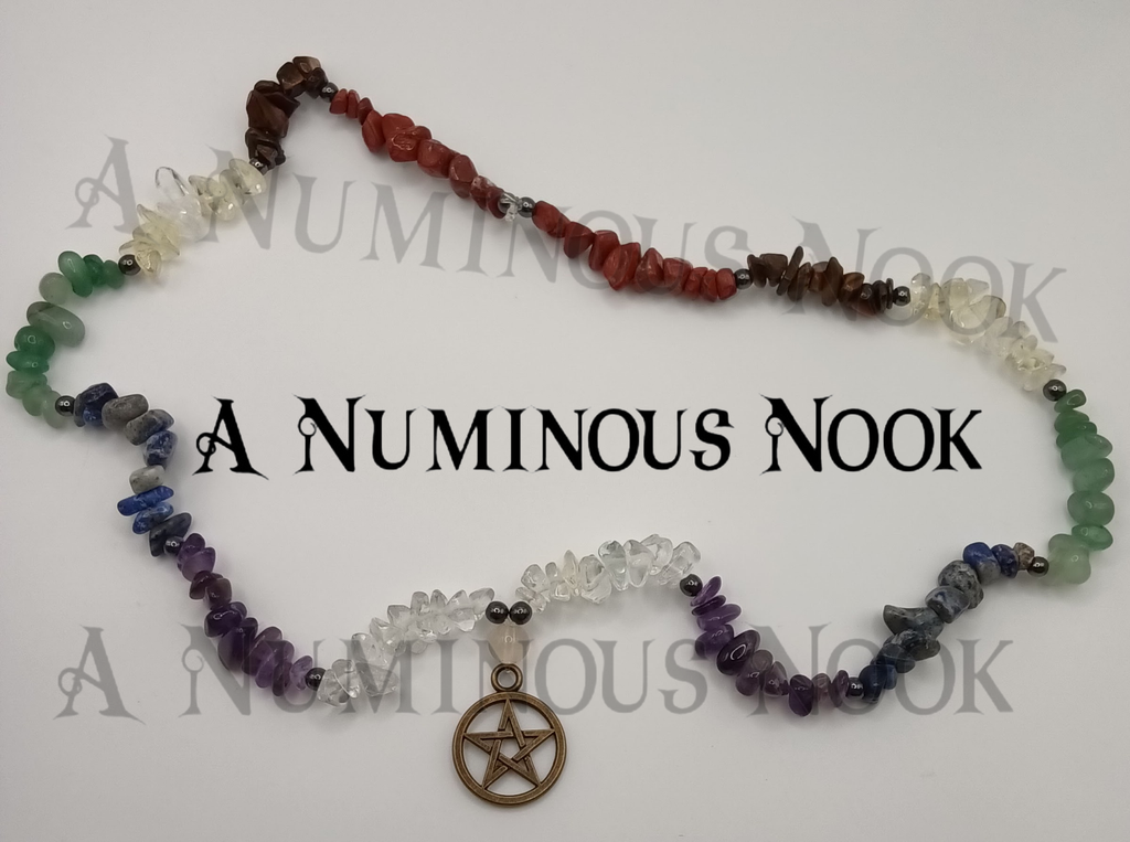 Pentagram char with chakra gemstone chips necklace