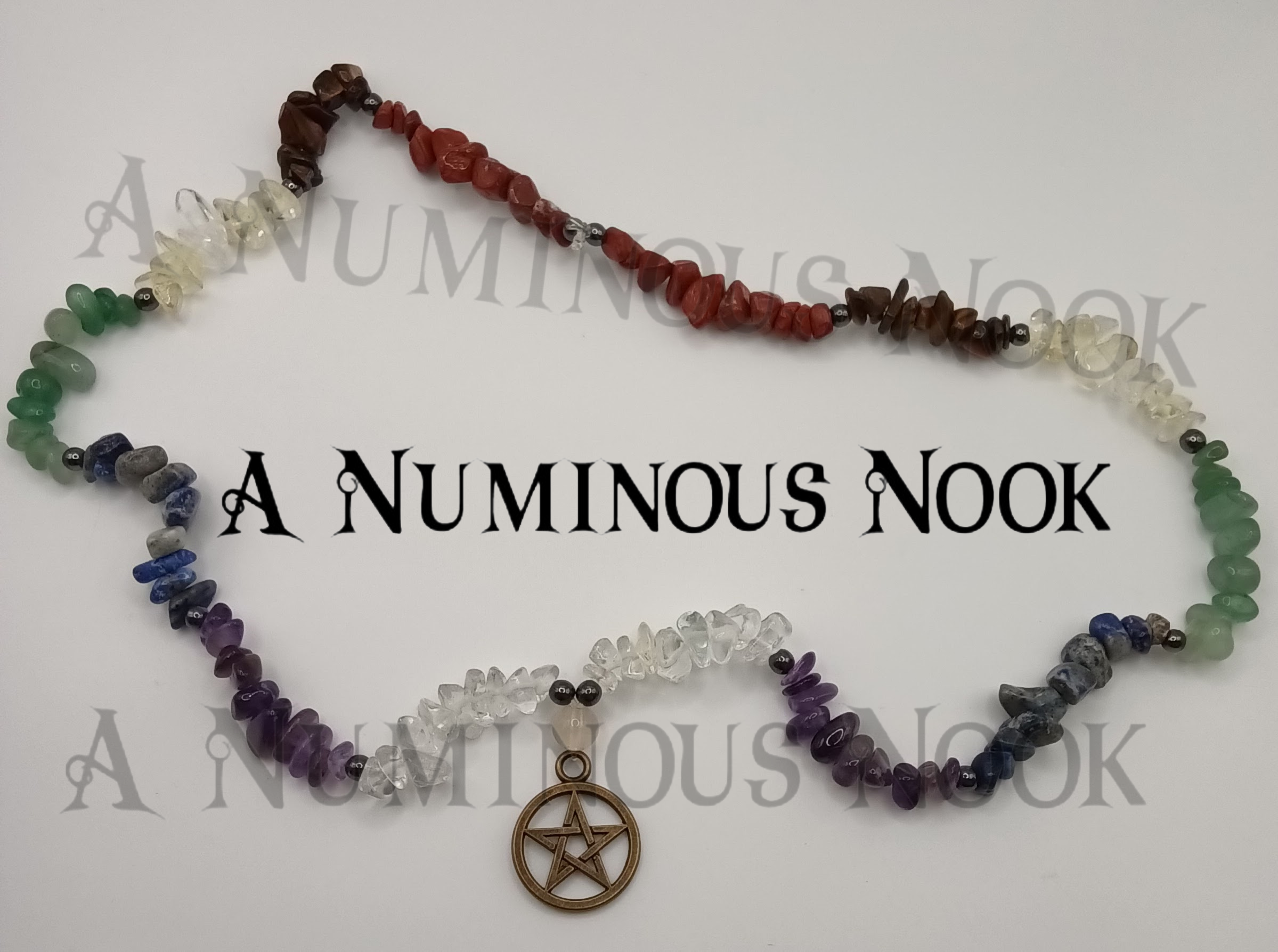 Pentagram char with chakra gemstone chips necklace