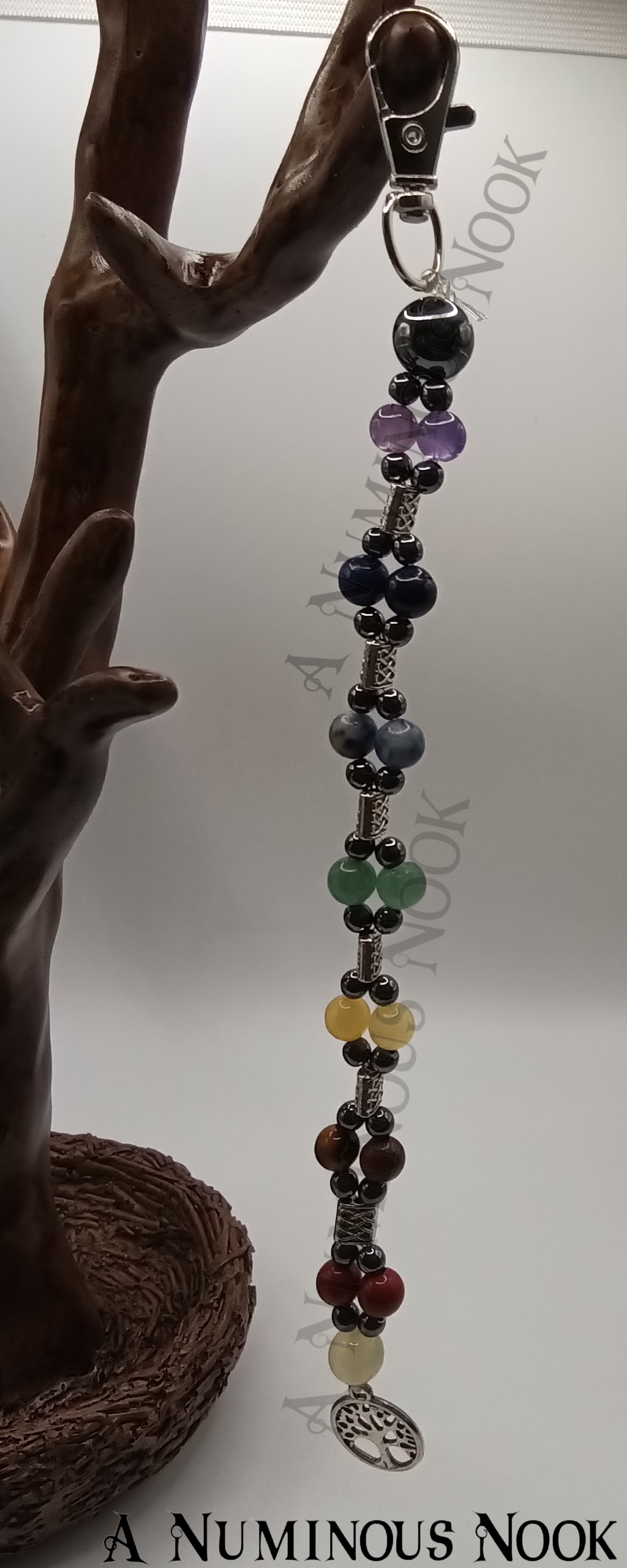 Tree charm with real gemstone beads chakra clip