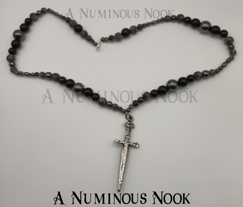 Labradorite, Black onyx and hematite sword necklace