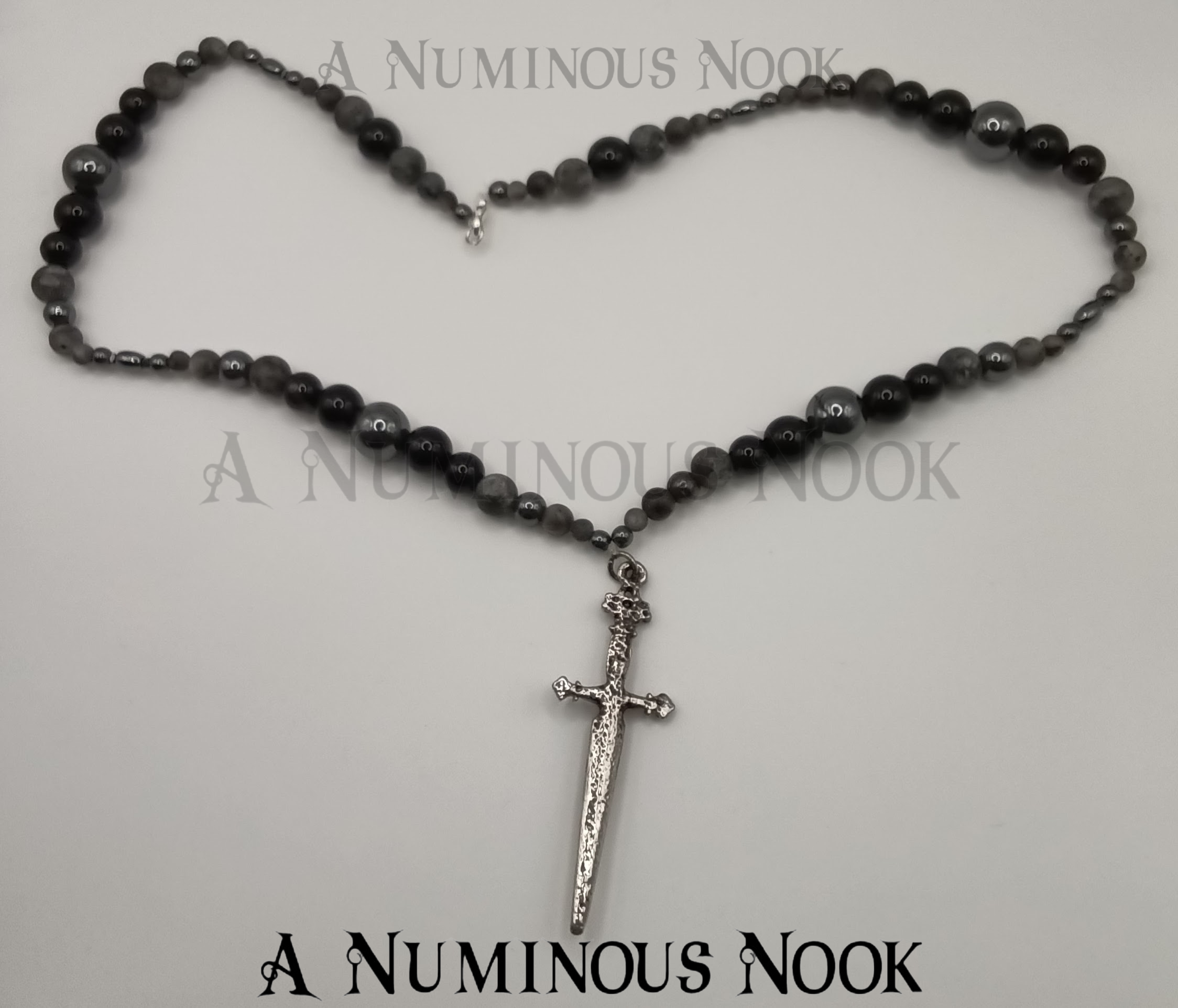 Labradorite, Black onyx and hematite sword necklace